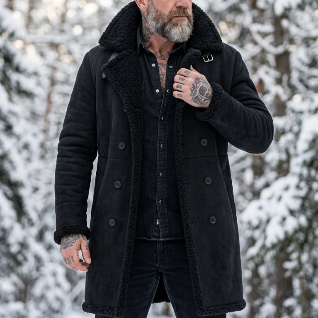 Down Jacket Packable - Herren Kunstwildleder Pelzgefütterte Winterjacke Winddichter Doppelreihiger