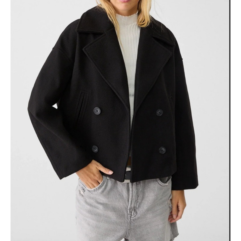 Wool Coat Peacoat - Damen Oversized Zweireihiger Wollmischmantel Brauner Kurzer