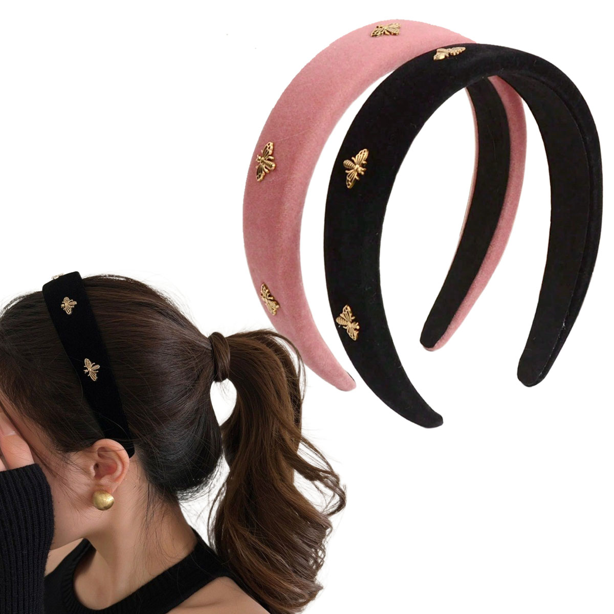Winter Headband Fleece - Little Bee Schwarzes Samt-Stirnband für Damen,