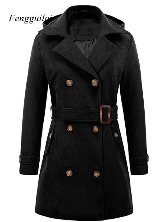 Damen Schwarzer Kapuzen-Doppel – Wool Coat Peacoat Bewertung und Preis